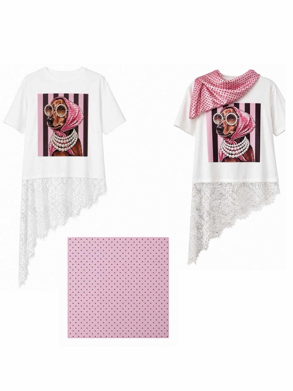 New Denim Love Dachshund Brown Dog White Lace Edge T-Shirt Black Polka Dot Scarf